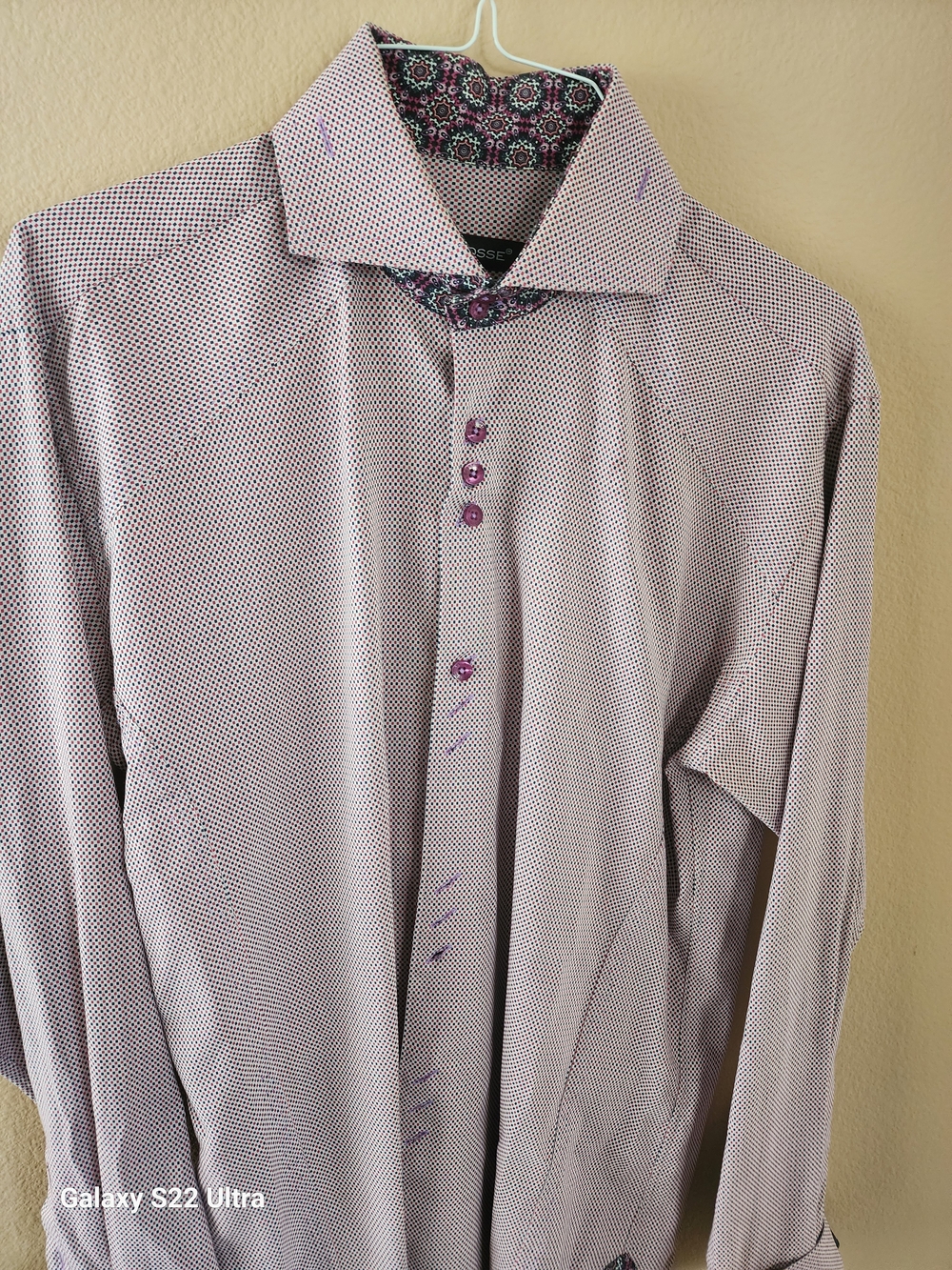 Men's Patterned Light Pink Dress Shirt with Floral Contrast Trim - Picture 1 of 4